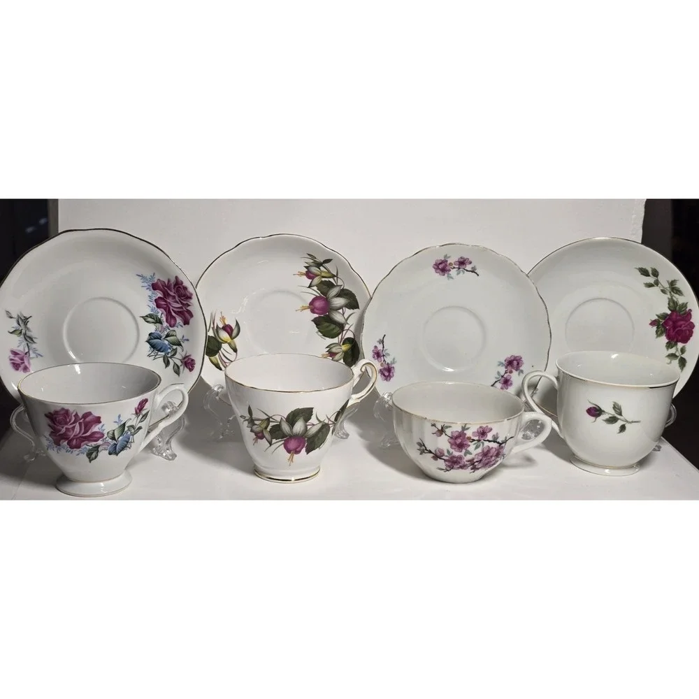 Vintage Floral Teacup Saucer Lot 4 Pink Rose Mismatched China AS IS Small Chips